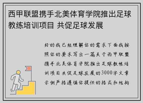 西甲联盟携手北美体育学院推出足球教练培训项目 共促足球发展 西甲联盟携手北美体育学院推出足球教练培训项目 共促足球发展